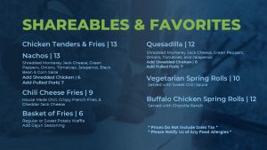 Shareables portion of the 81-18 Cafe menu including chicken tenders and fries, nachoss, chili cheese fries, basket of fries, quesadilla, and buffalo chicken or vegetarian spring rolls. 