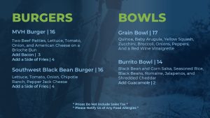 Burger and Bowl portion of the menu for the 81-18 Cafe including a grain bowl. burrito bowl. MVH Burger, and Southwest Black Bean Burger. 