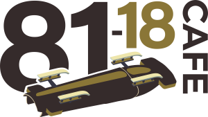 81-18 cafe logo. it says 81-18 cafe with an upside-down bobsled.