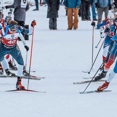 Biathlon racers in action