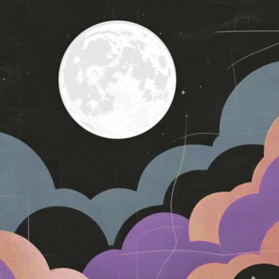 Illustrated image of a full moon over colorful clouds.