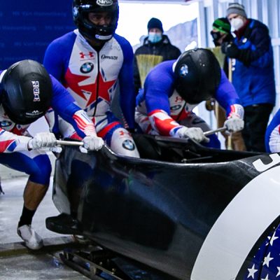 Team USA Four man bobsled at start at Mt Van Hoevenberg, Lake Placid NY, IBSF Championships 2021.